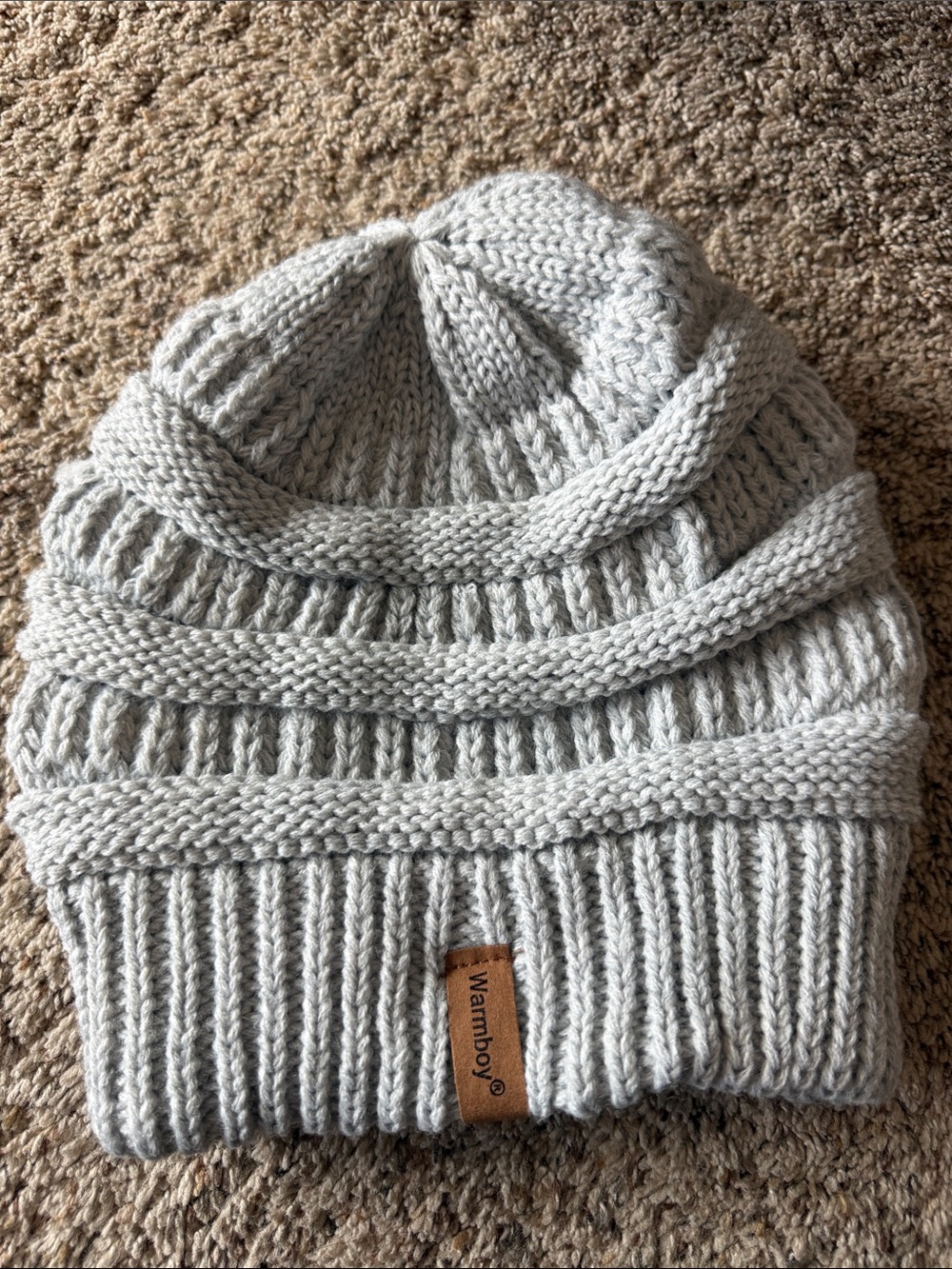 Warm Light Gray Ribbed Knit Fold-Over Beanie